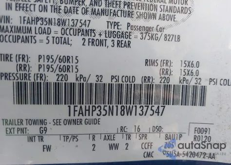 2008 Ford Focus Se/Ses z USA, uszkodzony, nr VIN 1FAHP35N18W137547